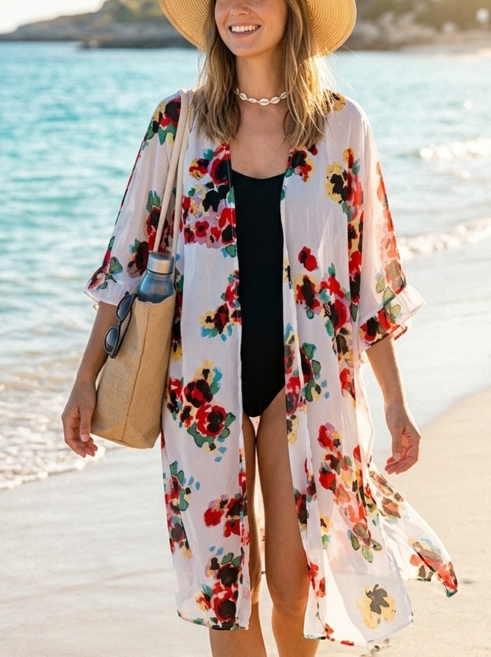 Betsey Johnson Floral Sheer Kimono Duster Boho Beach Cover-Up One Size